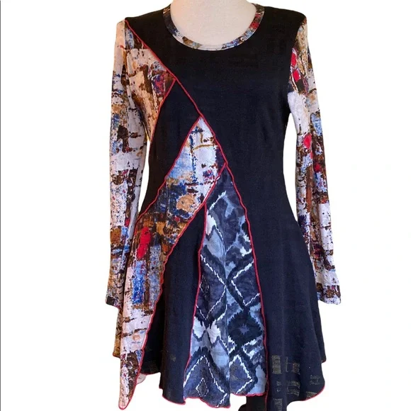 Paris, multicolored tunic, short dress, patchwork, uneven hem, stretchy, L - Picture 4 of 11